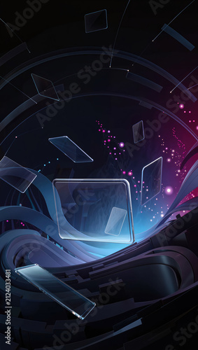 Futuristic abstract technology digital background neon blue purple glass wave swirl glowing light modern sci fi virtual screen interface cyber energy motion dynamic fantasy curve dark vibrant