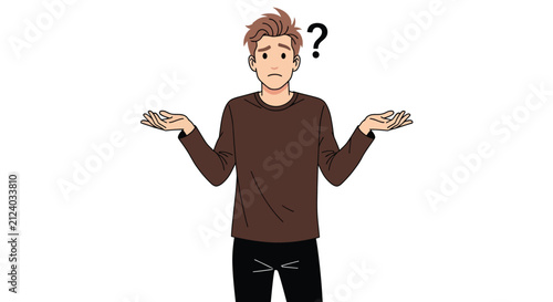A confused young man with brown hair shrugs displaying uncertainty with open palms