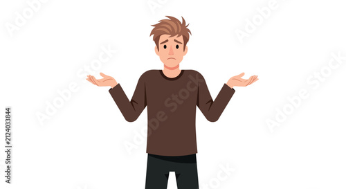 A confused young man with brown hair shrugs displaying uncertainty with open palms