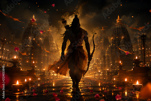 Powerful mythological archer silhouette walks through an illuminated temple avenue filled with oil lamps, drifting petals, glowing embers, dramatic smoke, reflections, sacred atmosphere, and devotion.