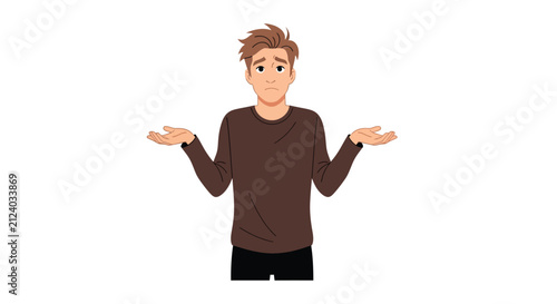 A young man with a confused expression shrugs palms up displaying uncertainty high quality