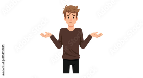 A cartoon man with brown hair displays a confused and uncertain gesture with open palms