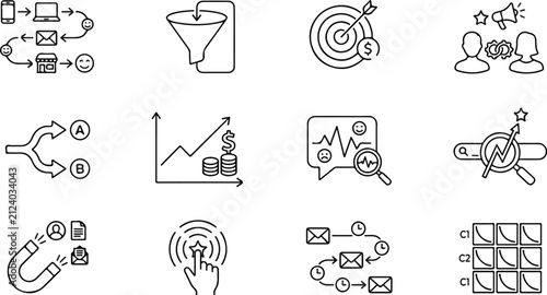 Digital marketing and business growth icons set outline vector illustration