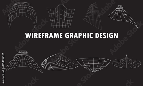 Sci-fi labels, retrofuturistic 3D cyberpunk grid y2k shape set, vector wireframe warp retro futuristic geometric icon collection.graphic set for streetwear, typography, print t-shirt.Sci-fi labels, Vi