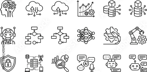 Artificial intelligence and big data processing icons set machine learning outline vector illustration