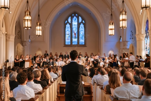 Conductor leading choir performing music in church sanctuary