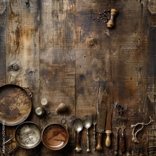 Rustic wooden table surface with antique kitchenware and spices, evoking a vintage culinary theme