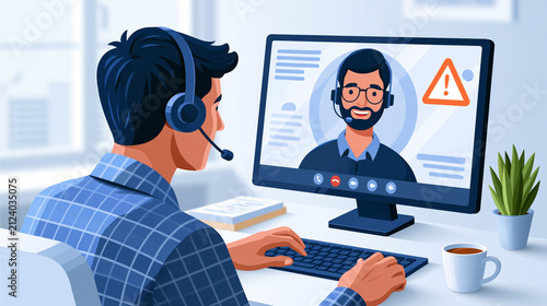 Fraud prevention employee receiving an automated deepfake warning during remote account verification, manually checking the customer’s natural head movement and live response