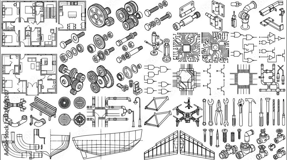 Fototapeta premium Set of various technical engineering and architectural design elements and icons