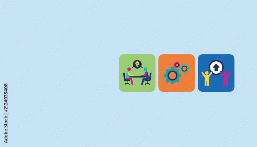 Fototapeta premium Business icons representing teamwork, process, and success on a light blue background with copy space