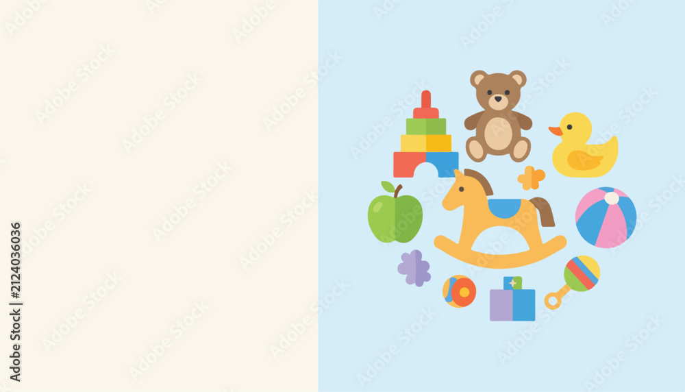 Fototapeta premium Collection of colorful flat design children's toys arranged in a circle on a light blue background