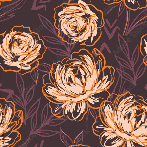 Modern seamless floral pattern with sketch rose peony flowers and leaves in peach, orange, and dark brown. Ideal for fashion, textile, paper.