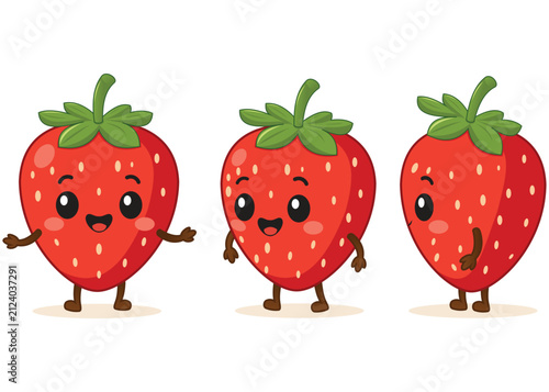 Foto Cute smiling strawberry mascot character turnaround sheet featuring front view, three-quarter view, and side view