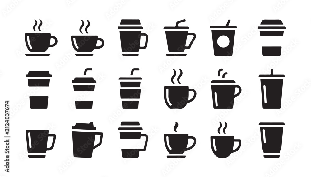Fototapeta premium Collection of coffee cup icons including hot mugs and takeout paper cups with lids and straws in vector.