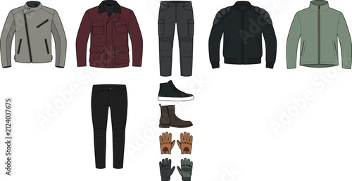 Bild auf Leinwand Motorcycle Riding Apparel Collection with Protective Jackets, Riding Pants, Boot
