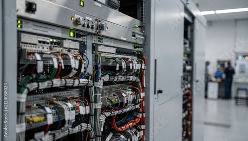 Close view of powered transmitter cabinets showcasing intricate cabling wired connections and illuminated status panels with blurred background maintenance activity.