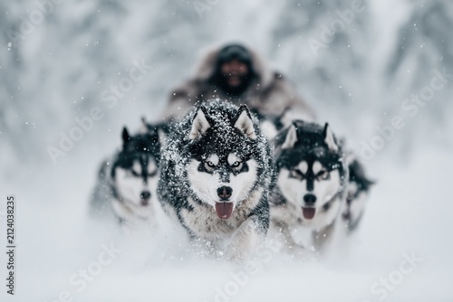 Sled dogs run through deep snow while a musher guides them in a winter landscape