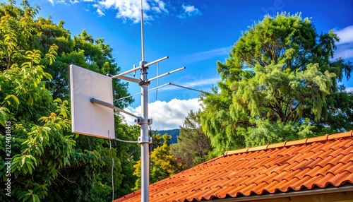 White panel antenna mounted on a red tiled roof against green trees and blue sky, symbolizing home internet, 5G connectivity, and modern telecom.
