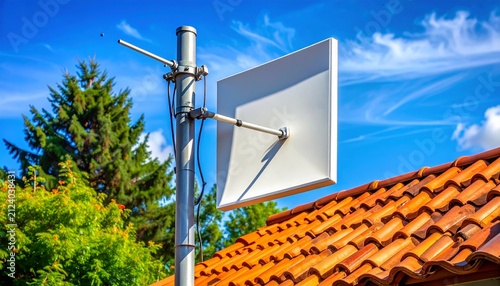 White panel antenna mounted on a red tiled roof against green trees and blue sky, symbolizing home internet, 5G connectivity, and modern telecom.

