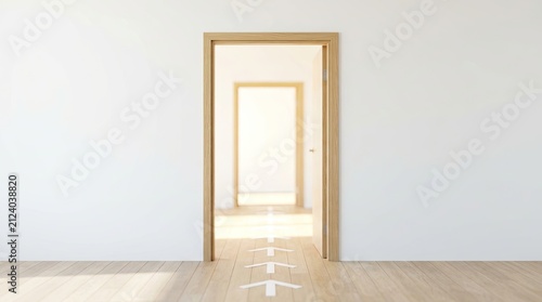 A bright, sunlit room features a wooden doorframe set within a white wall. The door opens into a simple, light-filled room with wooden flooring and a single window.
