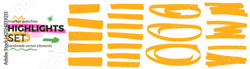 Memo text emphasis set with lines oval loops and broad marker swipes. Yellow highlight shapes felt patches and diary note accent. Wide memo text patches as vector set for sale design or scrapbook