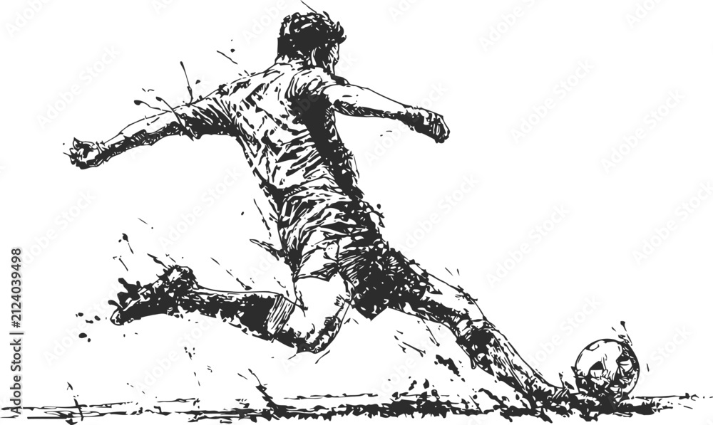 Fototapeta premium Dynamic soccer player kicking ball in energetic action ink sketch artwork