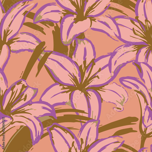 Modern seamless floral pattern featuring painterly pink lily flowers with purple outlines and olive green leaves. Ideal for fashion, textile, paper.