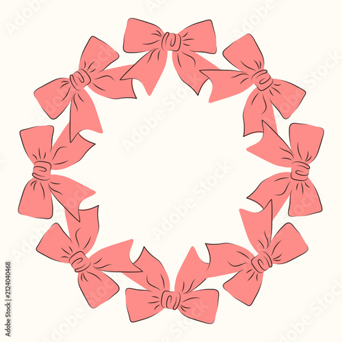 Round decorative frame made of red ribbon bows in the shape of a festive wreath looks elegant and romantic. Circular elegant template with space for text for greetings, postcards.