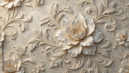 Intricate beige floral relief pattern featuring a large centered rose surrounded by scrolling leaves and smaller blossoms in a baroque texture