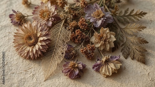 Dried flowers and textured leaves arranged on a rough paper surface