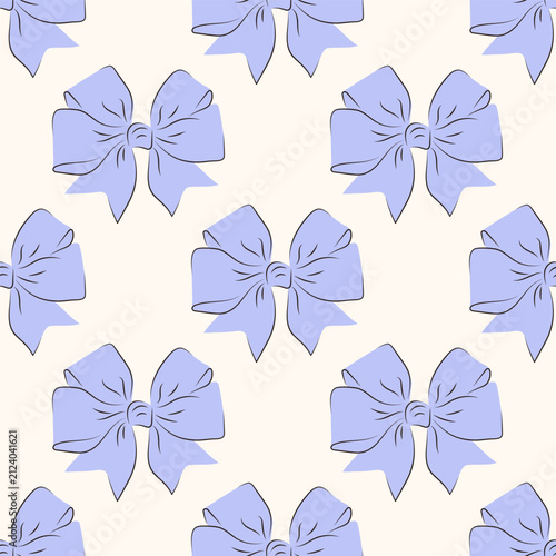 Seamless pattern with hand drawn purple bow. Decorative ribbon ornament for gift wrapping paper and textile design. Festive background illustration for birthday or holiday event.