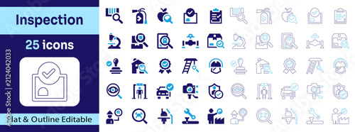 Inspection Flat and Outline Icon Set featuring Barcode Scanner, Fire Extinguisher, Food Inspection, ID Badge, Checklist, Microscope and Vehicle Inspection for Safety, Quality, Security and Industrial 