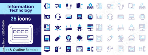 Information Technology flat and outline icon set featuring Artificial Intelligence, Desktop Computer, Laptop, Server, Cloud Computing, Database and Microchip editable vector collection.