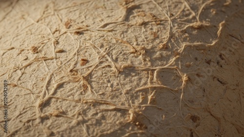 Closeup of dried plant fibers scattered across a textured sandy surface with warm lighting