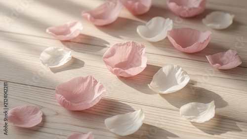 Rose petals scattered across a wooden surface.