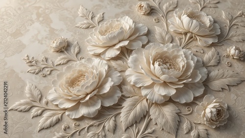 Elegant ivory floral relief pattern with realistic flowers and leaves on textured beige background.