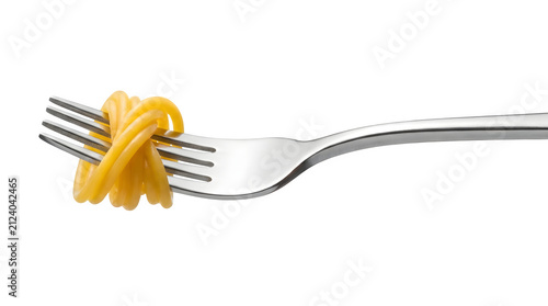 Delicious cooked spaghetti pasta twirled around shiny silver metal fork isolated nicely on transparent background