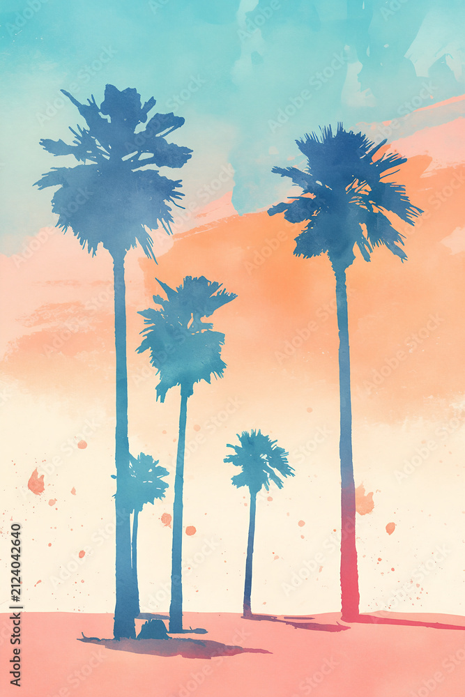 Obraz premium Vertical watercolor illustration of palm tree silhouettes against a gradient sky. Blue and orange tropical sunset scene