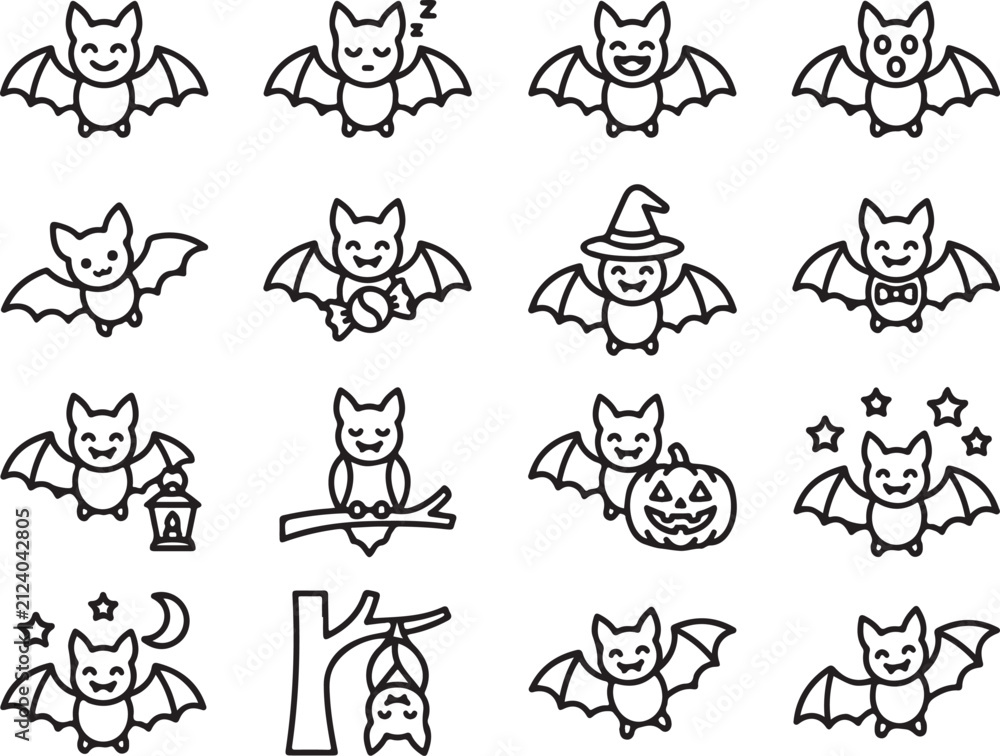 Fototapeta premium Cute cartoon bat icons with various Halloween themes and activities in a simple line art style