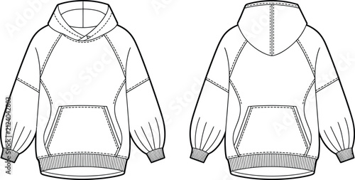 Bild auf Leinwand Front and back technical fashion sketch of a casual oversized hoodie with raglan