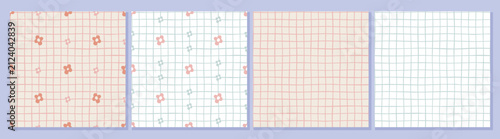 Set seamless patterns with hand-drawn pink, blue check, flowers on gingham background. Aesthetic plaid wallpaper. Minimalist checkered design for children textile, back-to-school stationery.