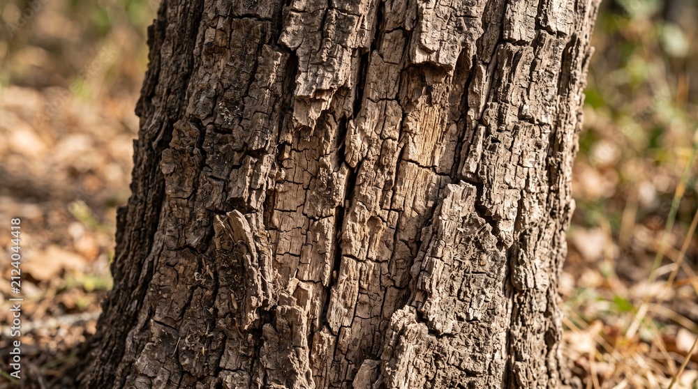 Obraz premium Close up of rough textured tree bark with deep crevices and natural patterns in sunlight