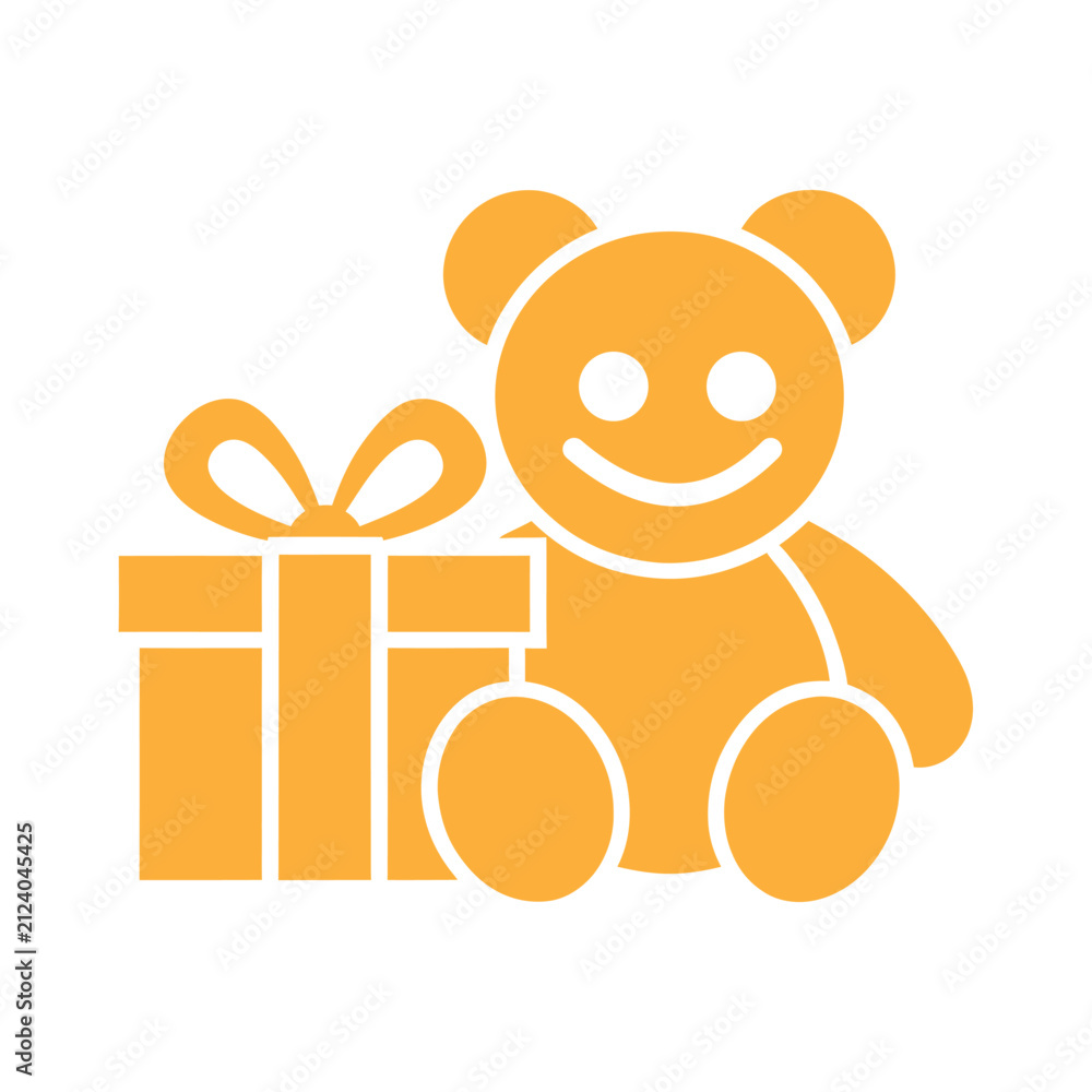 Fototapeta premium Orange teddy bear sitting with wrapped gift box icon set.