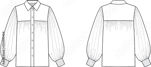 Obraz na płótnie Technical fashion sketch of a button down shirt with long gathered sleeves and a