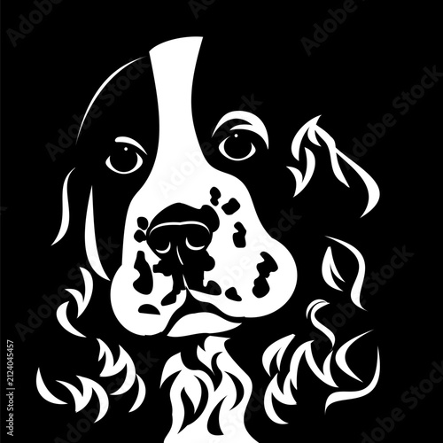 Stylized dog portrait of spaniel in black and white