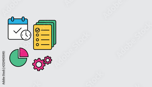 Flat icons representing business planning, tasks, time management, and data analysis on a light grey background