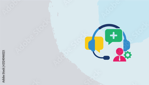 Customer service concept with headset, speech bubbles, and medical cross icon, representing healthcare support and communication.