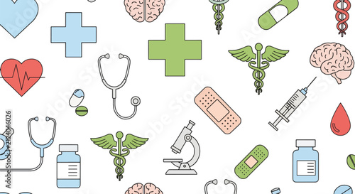 Seamless medical pattern with health symbols: stethoscope, caduceus, syringe, pills, heart, brain, microscope, bandage