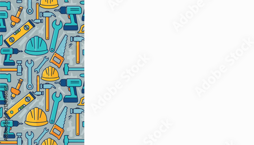 Vibrant seamless pattern of construction and DIY tools: hard hats, drills, hammers, saws, and wrenches on a grey background. Ample copy space for text.