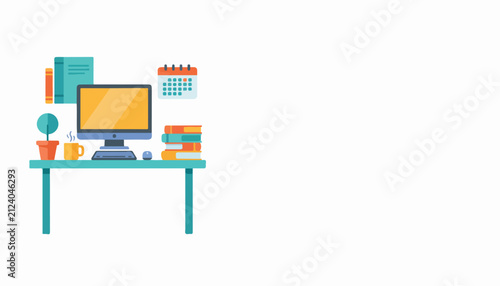 Flat design illustration of a modern home office workspace with computer, books, and coffee cup on a desk, representing remote work, study, and productivity.